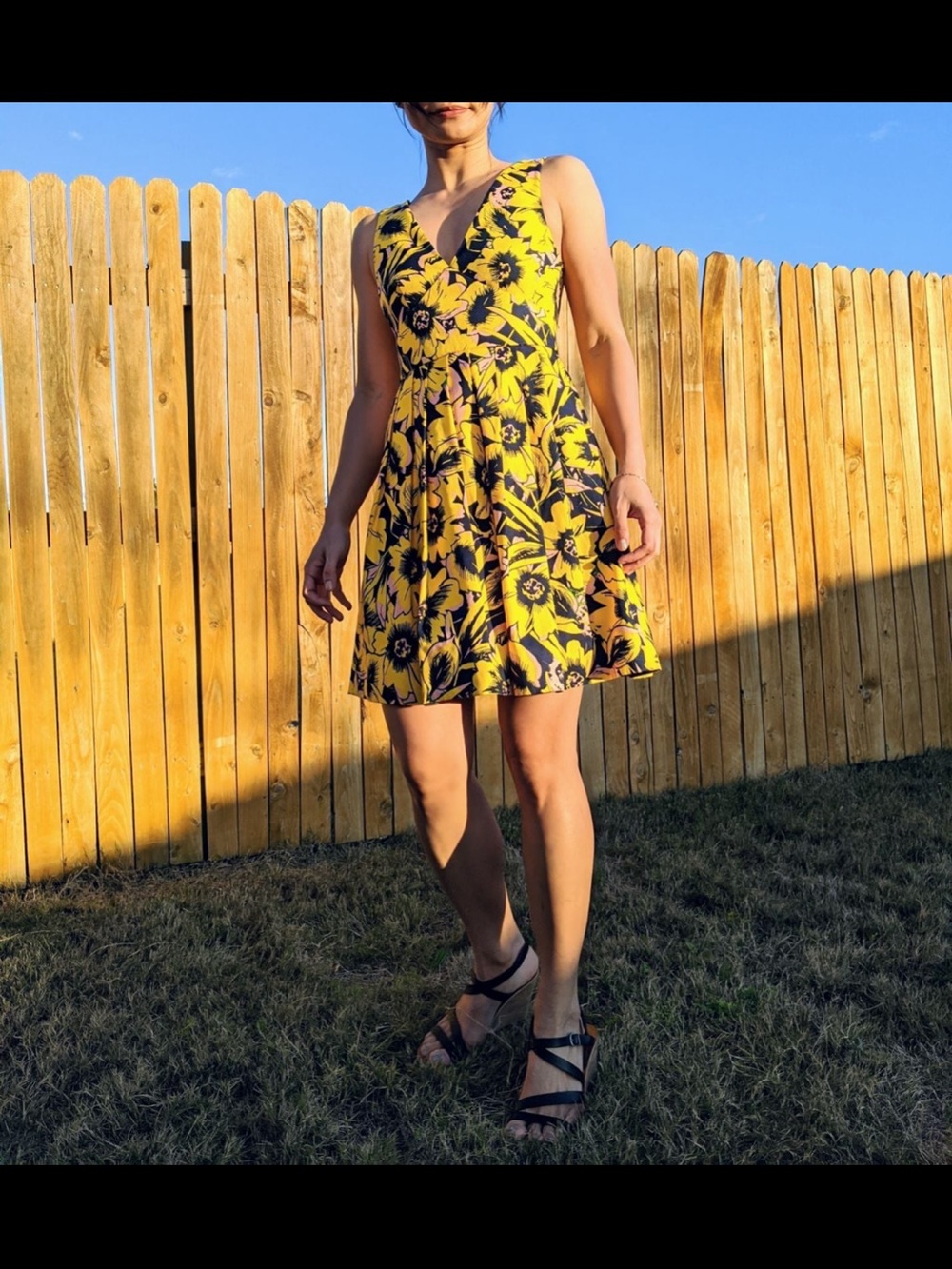 J. Crew Yellow and Black Floral V-Neck Mini Dress